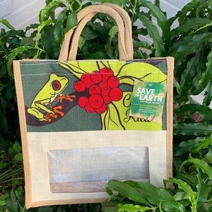 NWT Costa Rica Save The Earth Frog Red Berry Jute Bag